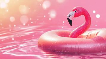 A pink flamingo floating in the water photo