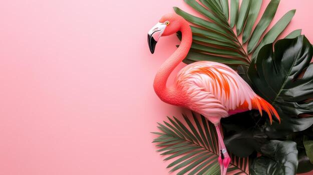 Pink flamingo with green leaves on pink background photo