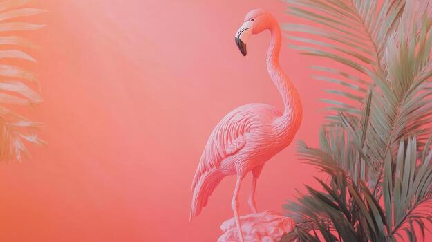 A pink flamingo stands in front of palm trees photo
