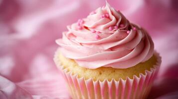 A cupcake with pink frosting on a pink background photo