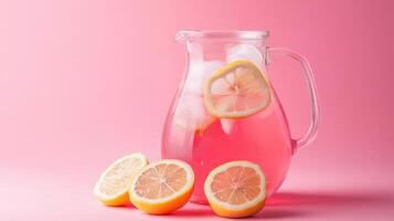 A pitcher of pink lemonade with slices of lemons photo