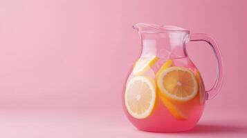 A pitcher of pink lemonade with slices of lemon photo