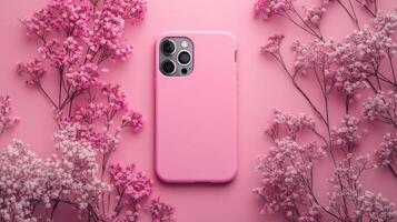 Pink smartphone case surrounded by delicate pink flowers on a soft pink backdrop creates a serene aesthetic setup photo