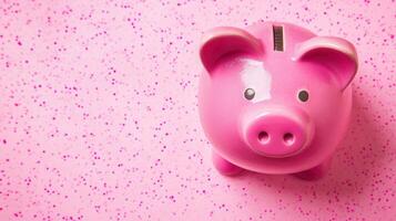 Bright pink piggy bank on a speckled pastel background promotes savings and financial awareness for children and adults alike photo