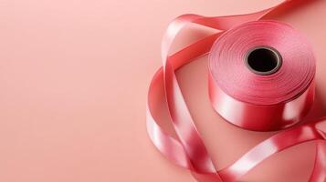 Beautiful pink ribbon and spool on a soft pastel background for arts and crafts projects photo