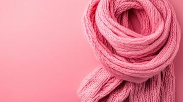 Soft pink knitted scarf draped elegantly against a pastel pink background for a cozy winter look photo
