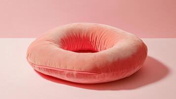 Soft pink donut-shaped pillow placed on a pastel pink surface for comfort and relaxation in a cozy setting photo