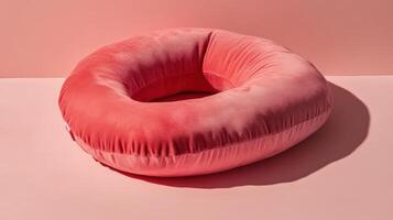 Soft circular cushion in peach color placed on a pastel pink surface for stylish interior decoration photo