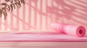 Soft pink yoga mat rolls out on a pastel background with playful shadows creating a serene atmosphere for practice photo