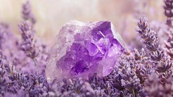Amethyst crystal in lavender field photo