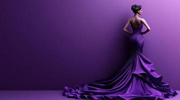 Elegant fashion model wearing a stunning purple gown posed against a solid purple backdrop in a studio setting photo