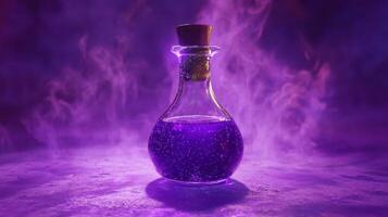 A purple liquid is in a glass bottle photo