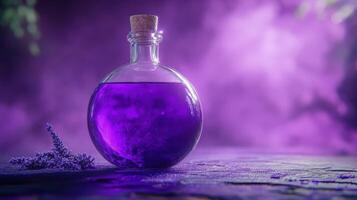 A bottle of purple liquid with lavender on the table photo