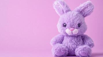 A purple stuffed rabbit on a pink background photo