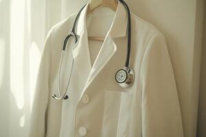 Doctor's lab coat hanging with stethoscope, healthcare symbol photo
