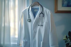 White lab coat hanging with stethoscope in doctor's office symbolizing healthcare photo