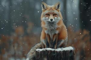 Red fox sitting on tree stump during snowfall in winter forest photo