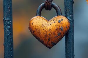 Rusty heart-shaped padlock hanging on metal railing symbolizing enduring love photo