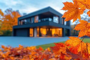 Modern house with autumn leaves illuminating the evening sky photo