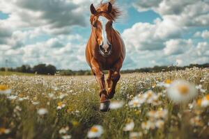 Chestnut horse running in a field of daisies under cloudy sky photo