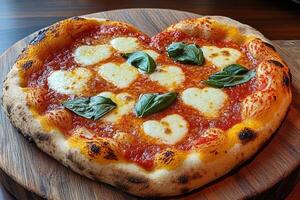 Heart-shaped pizza with heart-shaped mozzarella and basil leaves resting on wooden board photo