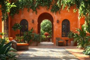 Luxurious moroccan patio with orange walls and lush greenery creating a tranquil oasis photo