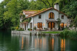 Luxurious lakeside house reflecting in calm water at sunset photo