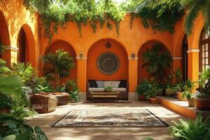 Luxurious patio with orange walls, plants and arches creating a relaxing atmosphere photo