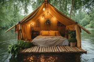 Cozy floating tent with bed and lights on river in forest during rain photo