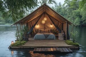 Floating bamboo bungalow with hanging lamps illuminating tranquil river retreat photo