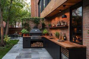 Modern outdoor kitchen featuring a grill and bar in a luxurious backyard setting photo