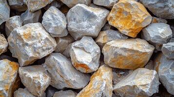 Pile of large irregular grey and yellow rocks forming a rough texture photo