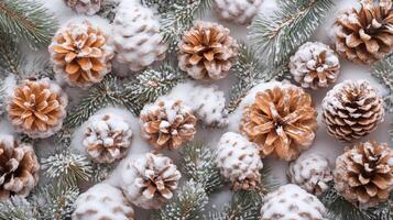 Christmas background with snowy pine cones and fir branches creating festive atmosphere photo