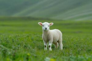 Lamb standing in a green field during spring season photo