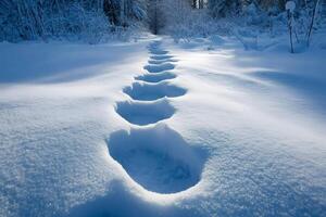 Deep footprints leading into snowy woods on sunny winter day photo