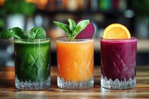 Colorful detox juices with spinach, beetroot and orange promoting healthy lifestyle photo