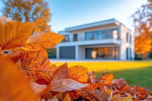 Vibrant autumn leaves framing a modern home in warm sunlig.ht photo