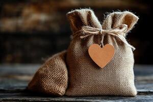 Two burlap gift bags tied with twine displaying a heart shaped tag on rustic wooden table photo