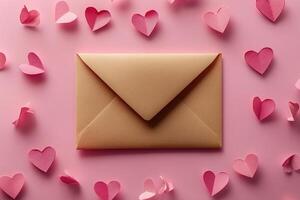 Romantic envelope surrounded by paper hearts on pink background symbolizing love and affection photo