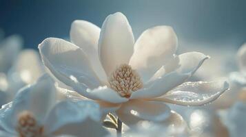 White magnolia flower blooming in spring garden with dew drops photo