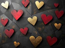 Red and gold hearts creating a romantic pattern on black background photo