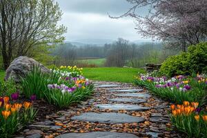 Stone path winding through blooming crocuses in spring garden photo