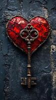 Antique key unlocking red heart on dark background symbolizing love and romance photo