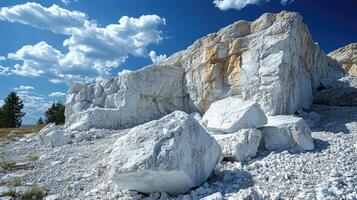 Travertine terraces forming in yellowstone national park with partly cloudy sky photo