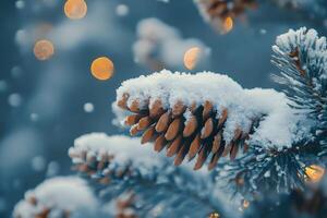 Snowy pine cone hanging on pine tree branch with christmas lights in background photo