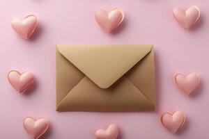 Romantic envelope surrounded by paper hearts on pink background symbolizing love and affection. photo