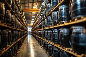 Wine barrels stacked on wooden pallets in warehouse cellar aging photo