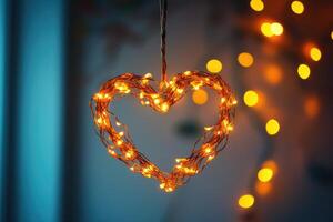 Glowing heart shaped lights hanging with bokeh background representing love and affection photo
