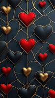 Red and gold hearts hanging on a dark background creating a romantic pattern photo