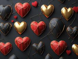 Red and gold hearts creating a romantic pattern on black background. photo